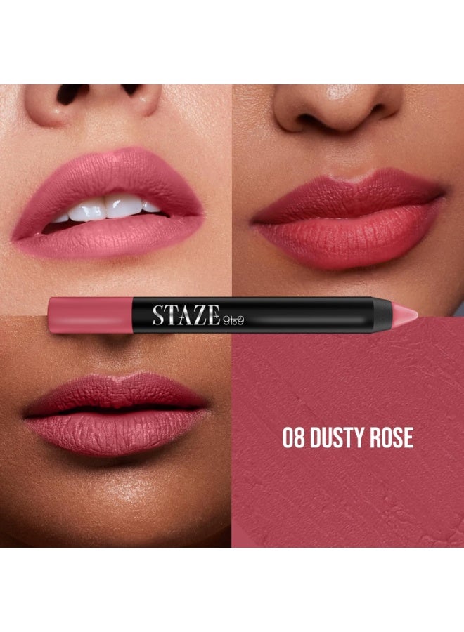 Staze 9to9 Pout On Matte + Smudgeproof Lip Crayon | Non-Drying, Transferproof & Sharpenable| Pigmented Matte Finish | 12-Hour Stay | Lightweight | 08 Dusty Rose | 3.5 g - Image 2